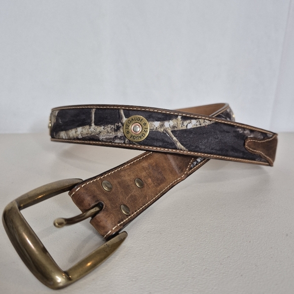 Nocona Mens Mossy Oak 12 Gauge Shotgun Shell Concho Brown Leather Belt - Size 42 - Picture 1 of 11
